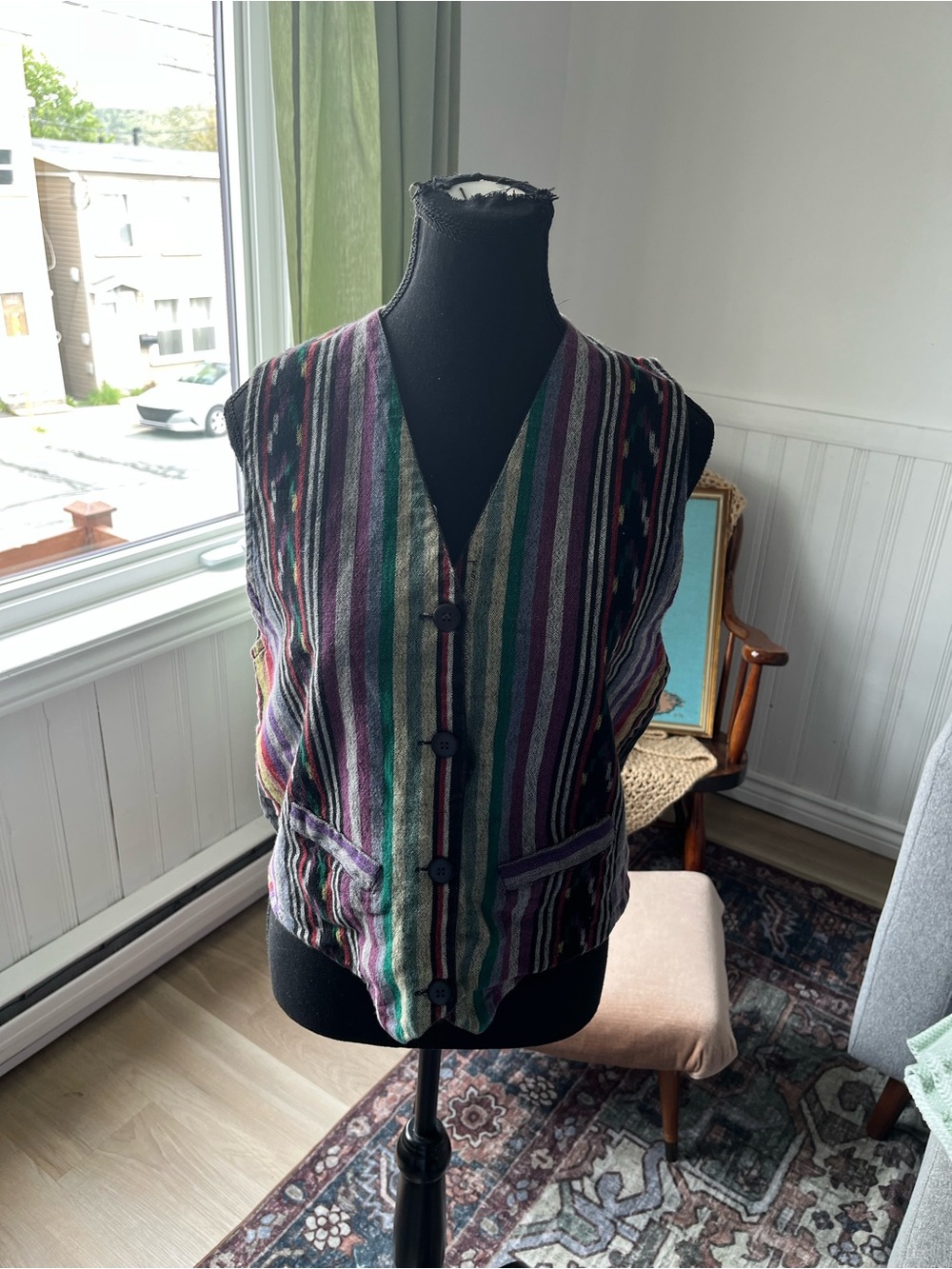 Women’s Vintage 100% Cotton Striped Multicolor Button-Front Vest M